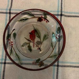 Cardinal & Holly on a Clear Glass Dish with Red Ri